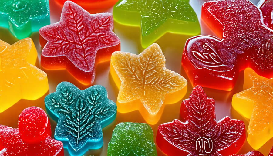 A colorful assortment of CBD gummies placed on a wooden table