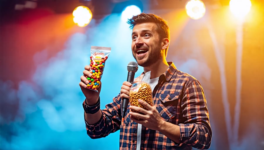 A comedian performing a routine with freeze-dried candy on stage