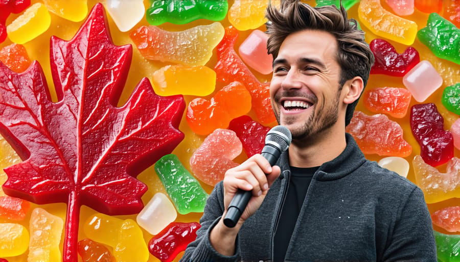 "An artistic collage depicting a Canadian comedian smiling with a microphone amidst colorful CBD gummies and iconic Canadian symbols, representing the blend of humor and relaxation."