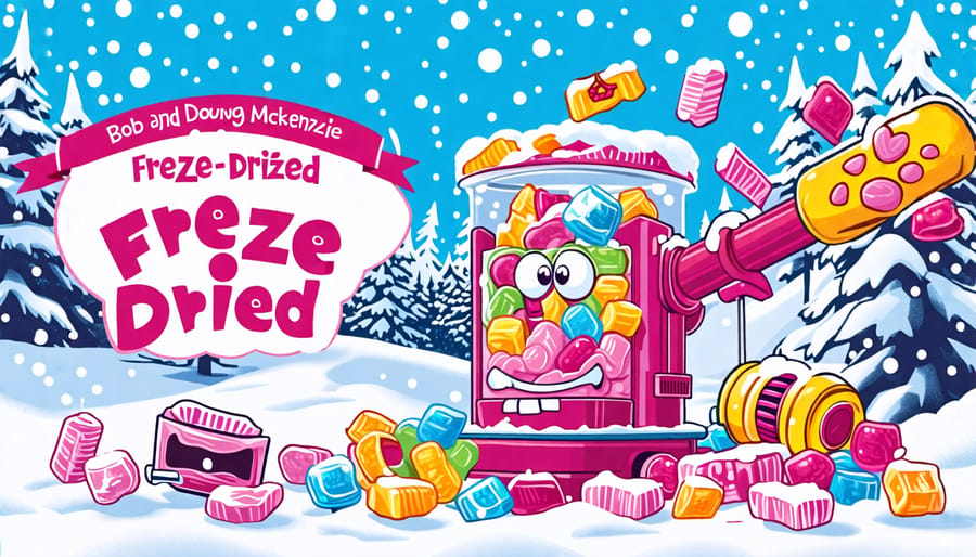 A whimsical illustration depicting freeze-dried candies being humorously transformed by a quirky machine, with Canadian comedic elements woven into the scene.