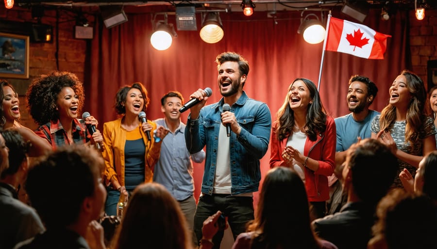 Diverse comedians performing at a vibrant Canadian comedy club, with an audience enjoying the show and elements symbolizing Canadian culture.