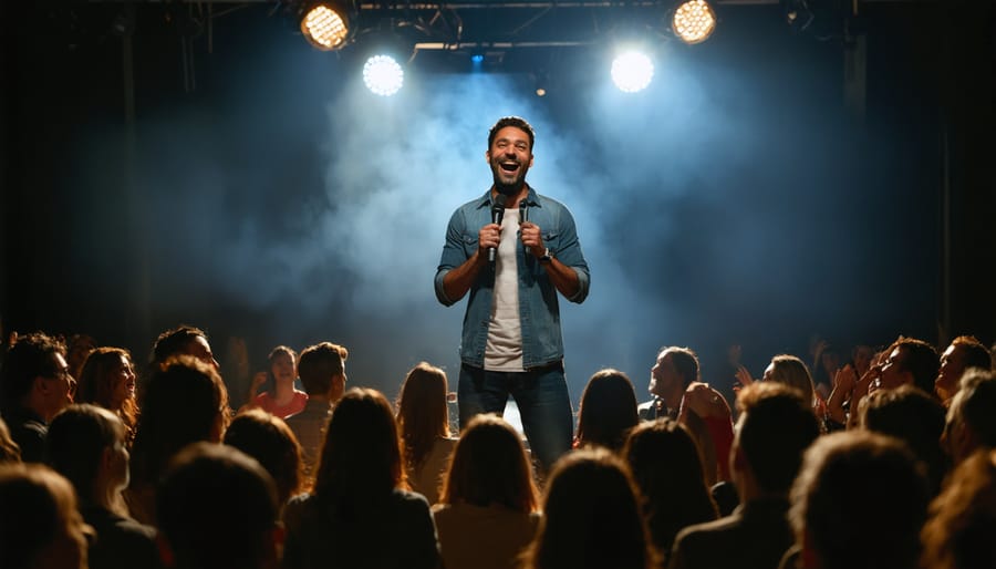 Comedian performing on stage with audience interaction