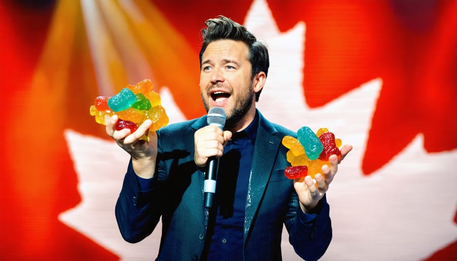 A comedian on stage with a spotlight, holding a microphone and CBD gummies, with Canadian symbols like maple leaves in the background.